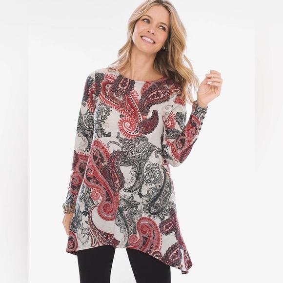 CHICO’S Red & Black Paisley Button Sleeve Tunic Size Small - Picture 2 of 14